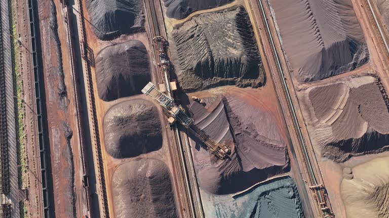 Aerial view of metal raw materials stacked at freight terminal